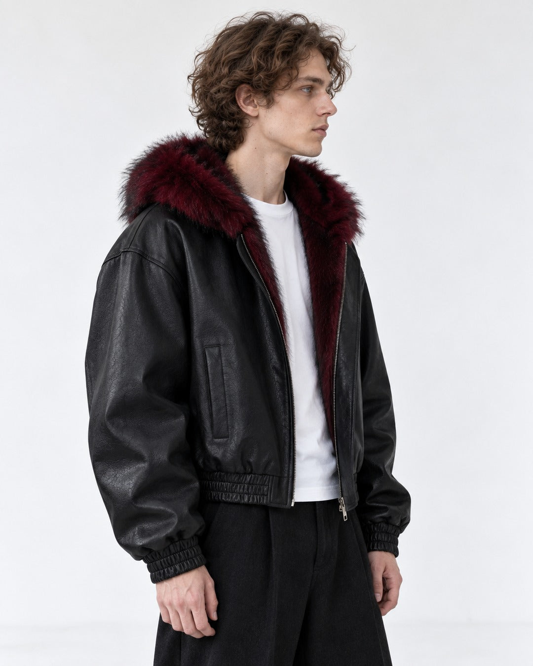 Fur-Trim Hooded Bomber Jacket with Offset Zip
