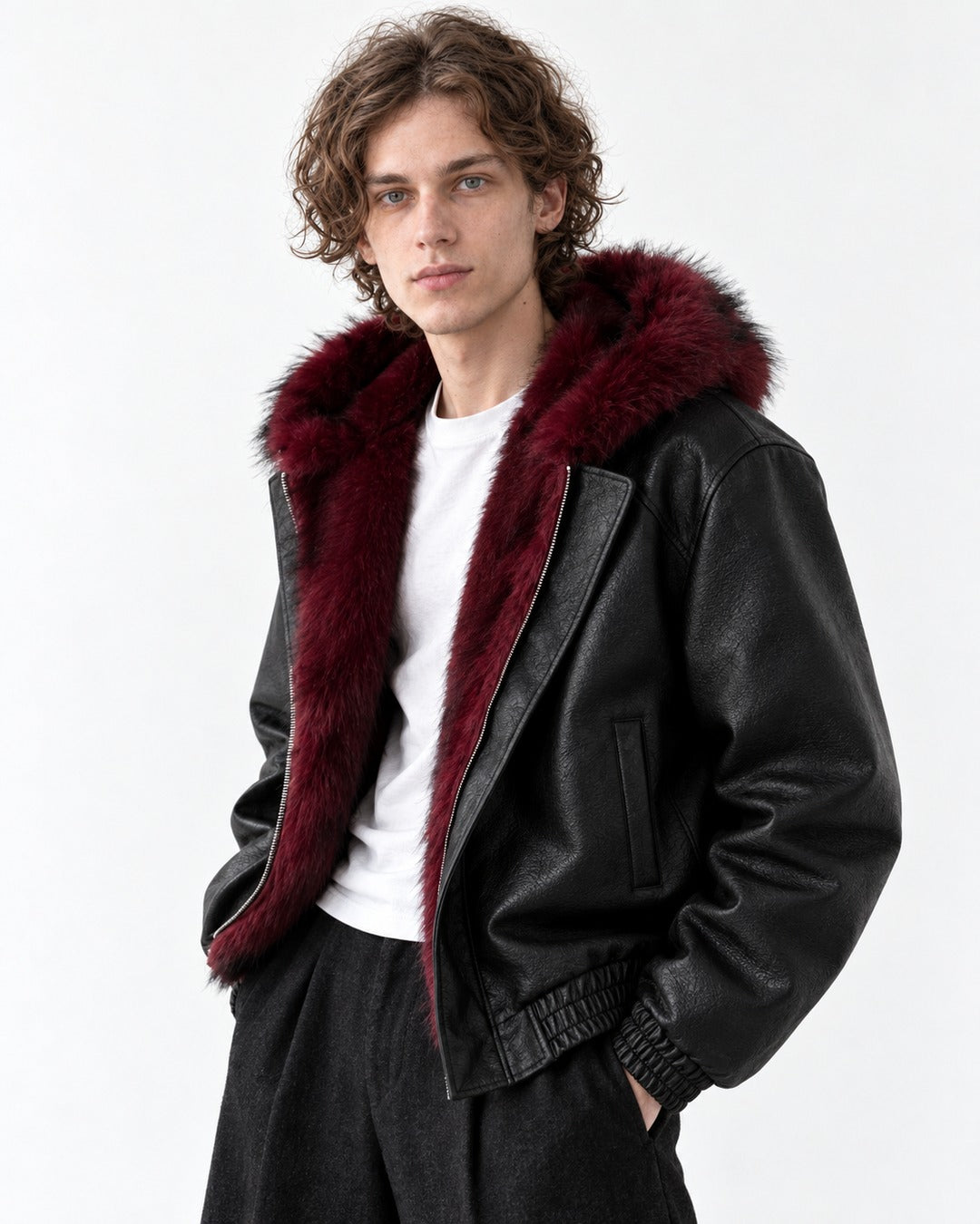 Fur-Trim Hooded Bomber Jacket with Offset Zip