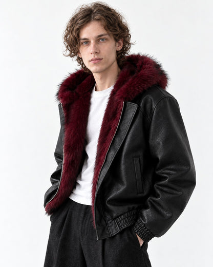 Fur-Trim Hooded Bomber Jacket with Offset Zip