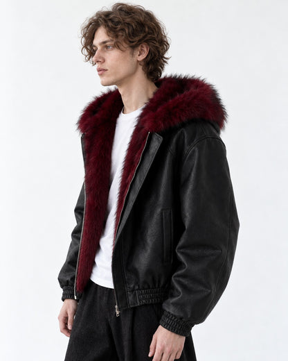 Fur-Trim Hooded Bomber Jacket with Offset Zip