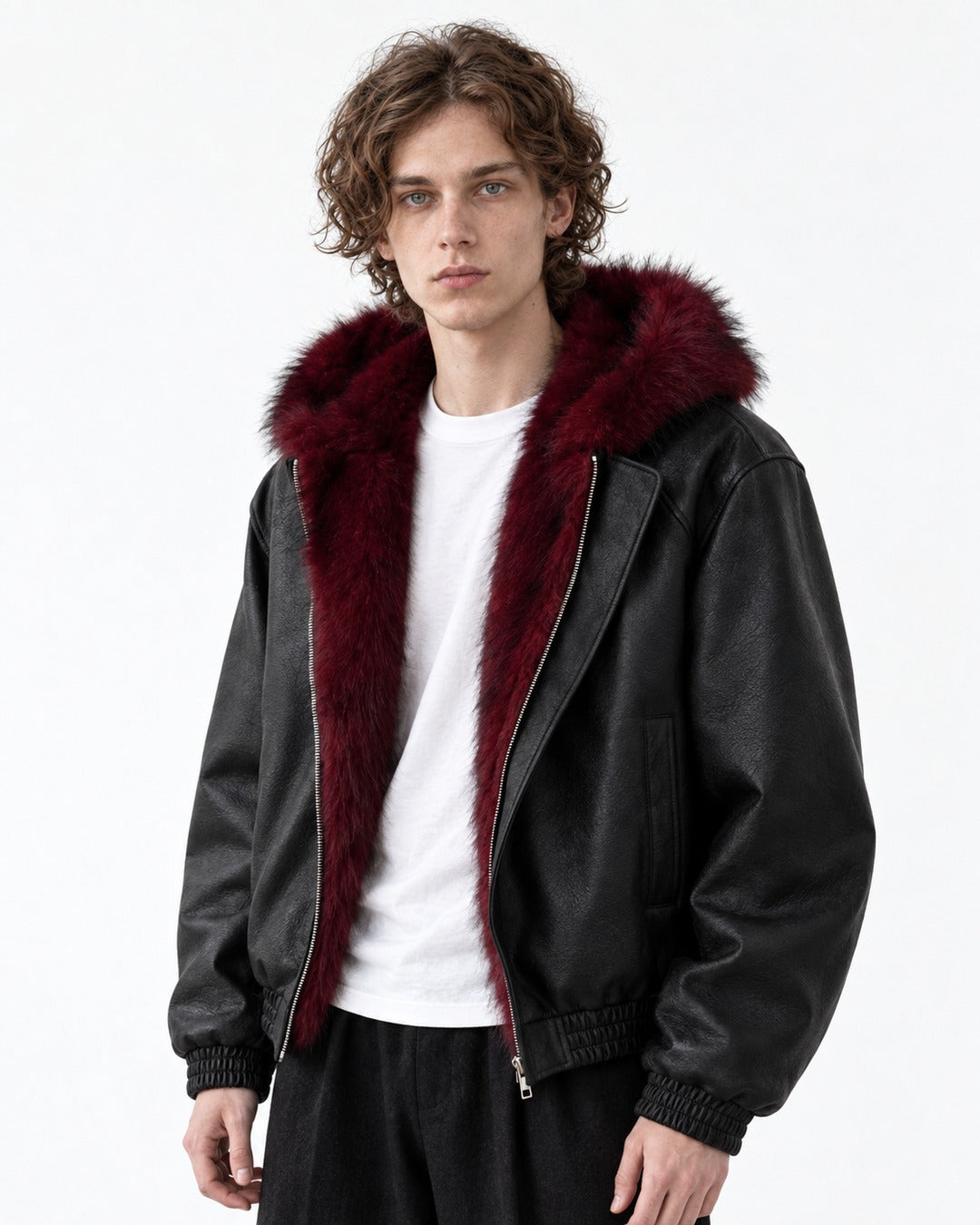 Fur-Trim Hooded Bomber Jacket with Offset Zip