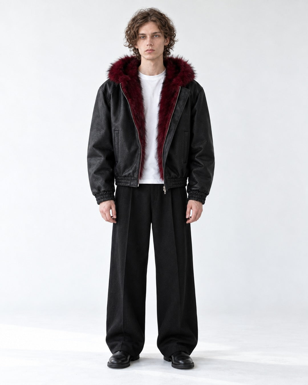 Fur-Trim Hooded Bomber Jacket with Offset Zip