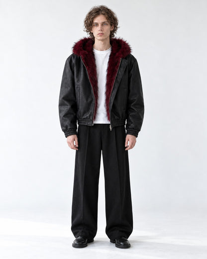 Fur-Trim Hooded Bomber Jacket with Offset Zip
