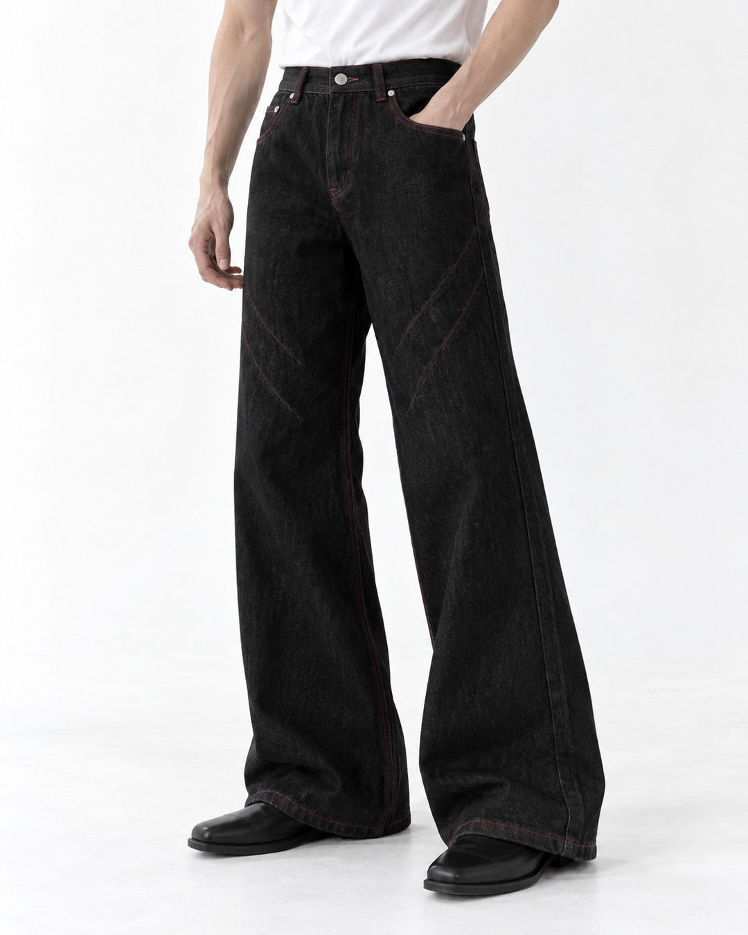 Contrast-Stitch Wide-Leg Jeans