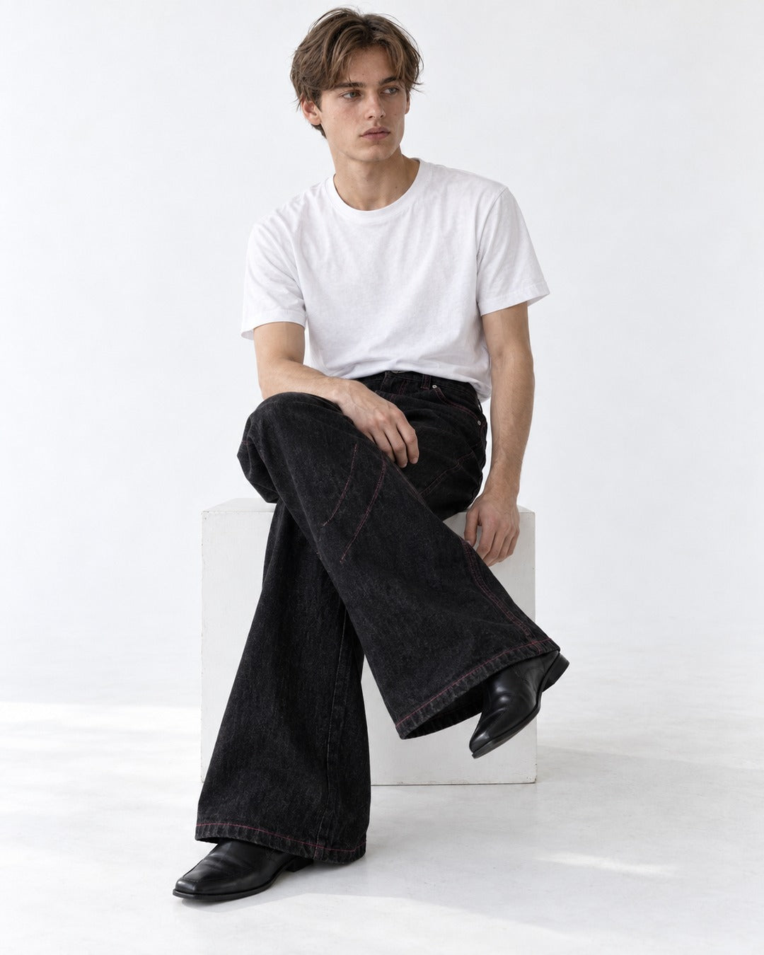 Contrast-Stitch Wide-Leg Jeans