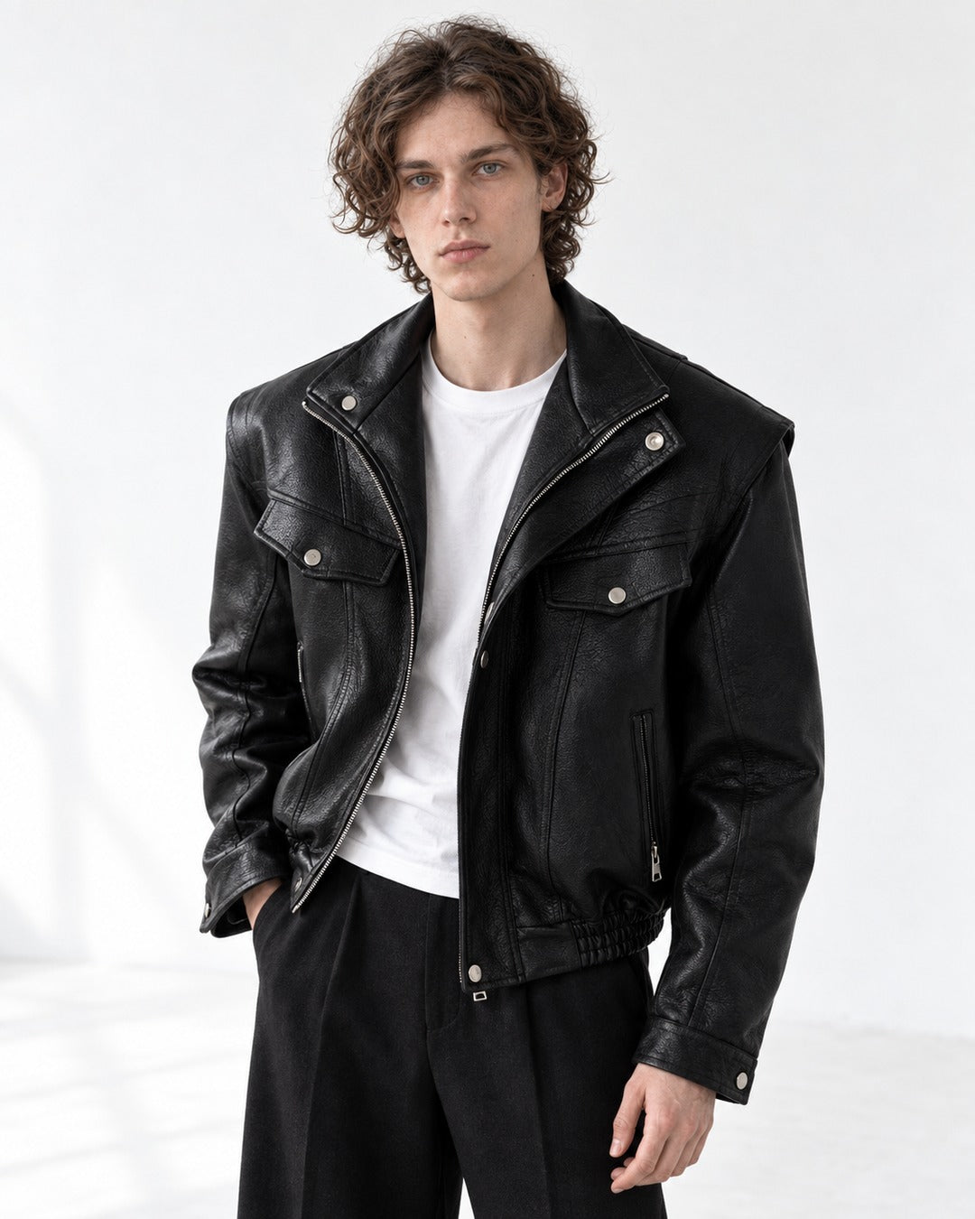Snap Lapel Flap Pocket Cropped Jacket