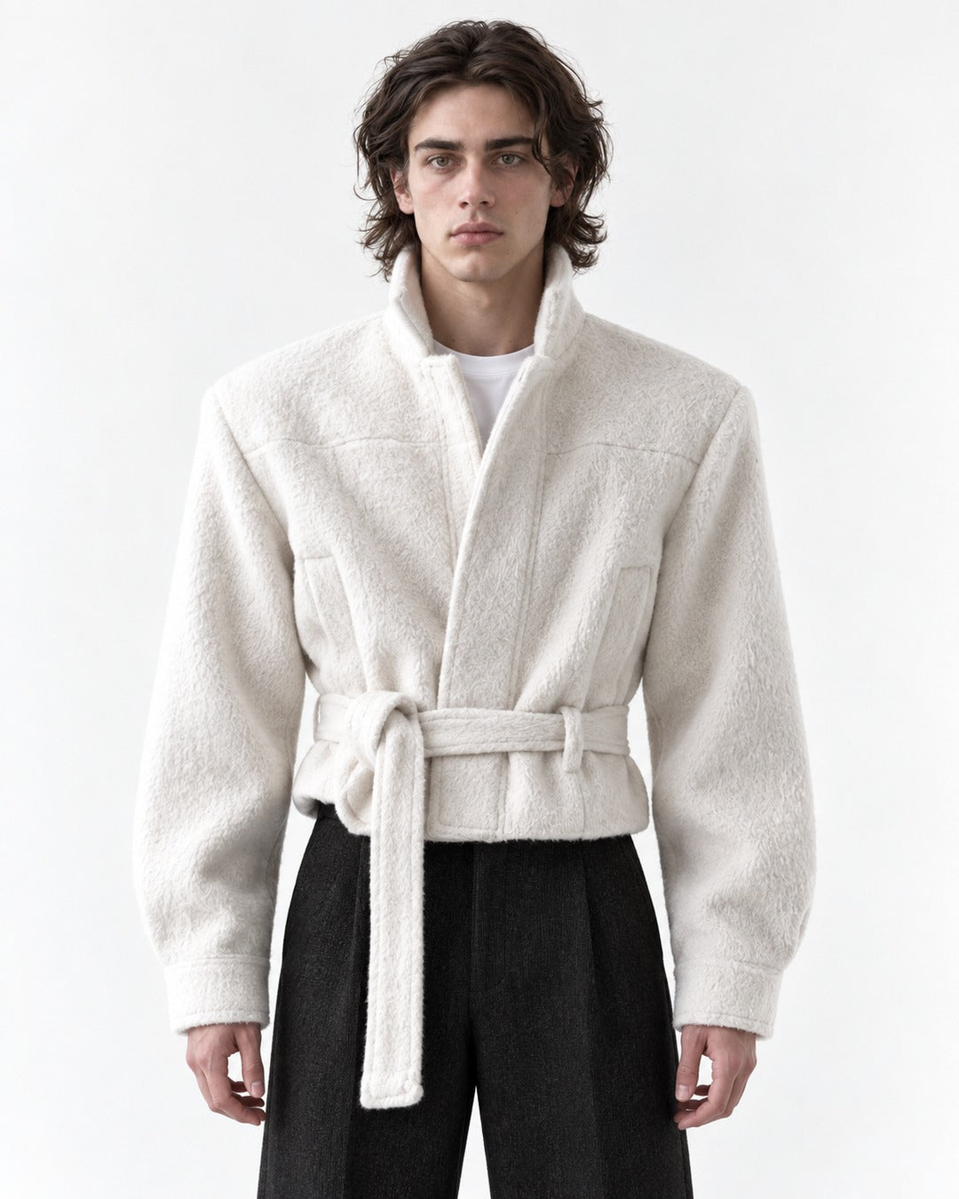 Funnel Neck Tie-Belt Crop Jacket