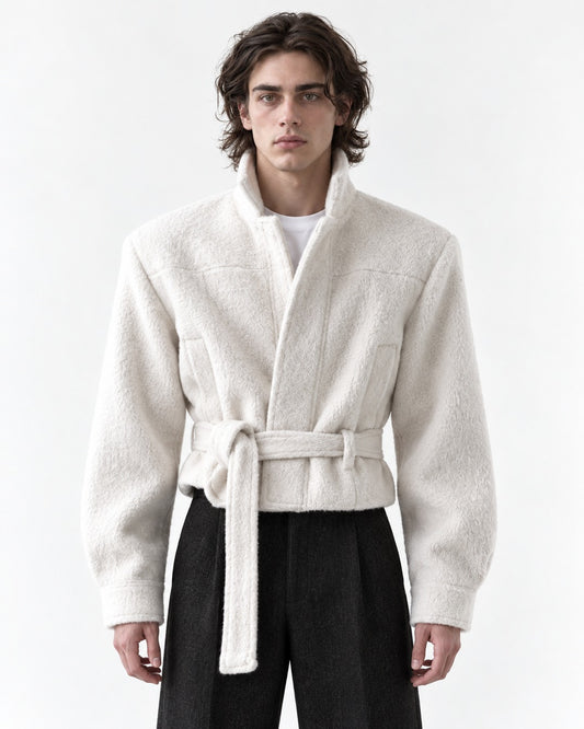 Funnel Neck Tie-Belt Crop Jacket
