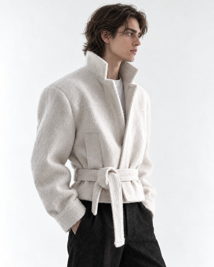 Funnel Neck Tie-Belt Crop Jacket