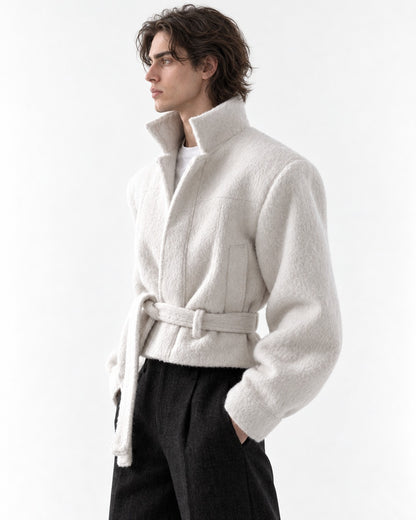 Funnel Neck Tie-Belt Crop Jacket