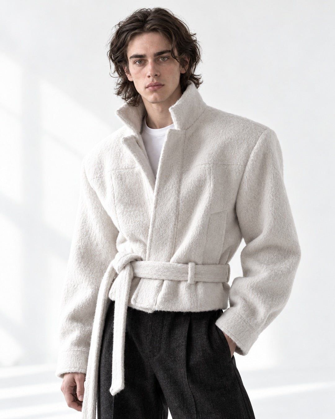 Funnel Neck Tie-Belt Crop Jacket