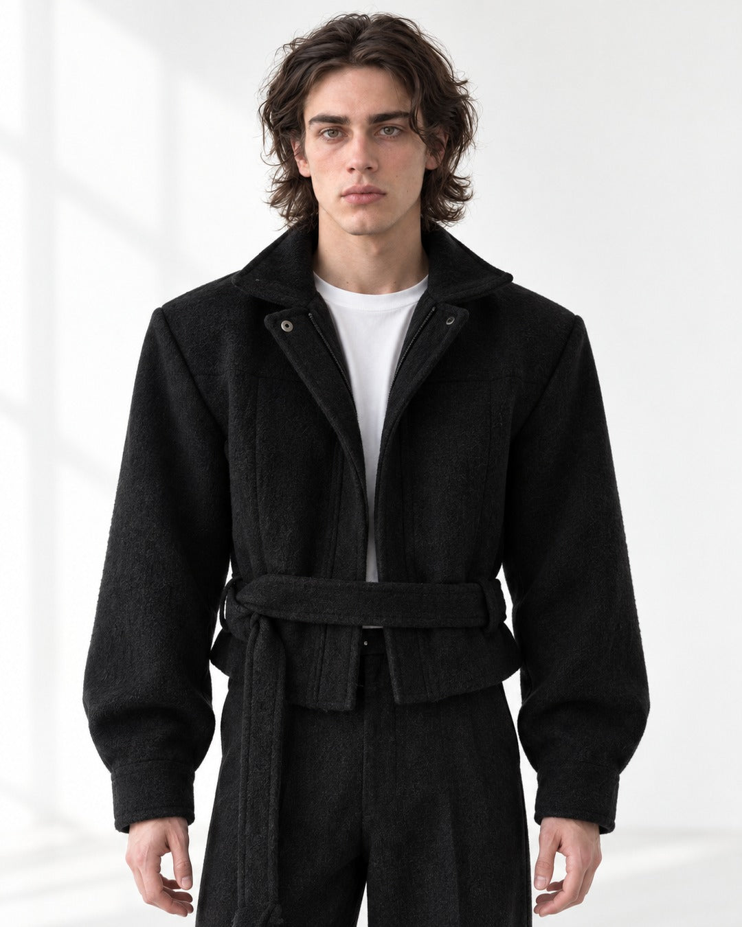 Funnel Neck Tie-Belt Crop Jacket