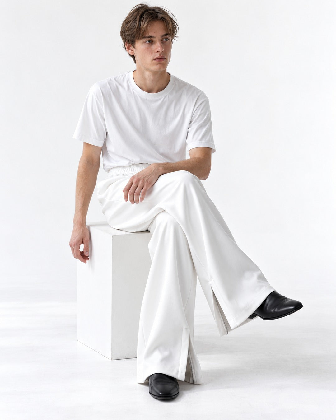 Drapey Flared Wide-Leg Sweatpants with Ankle Zip