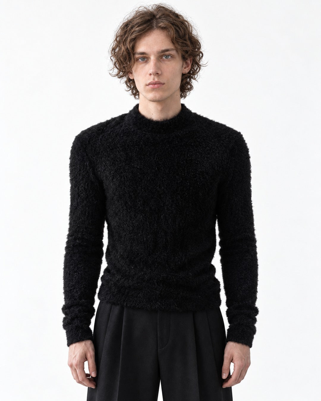 Padded Shoulder Fuzzy-Knit Sweater