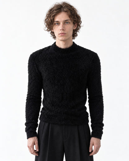 Padded Shoulder Fuzzy-Knit Sweater