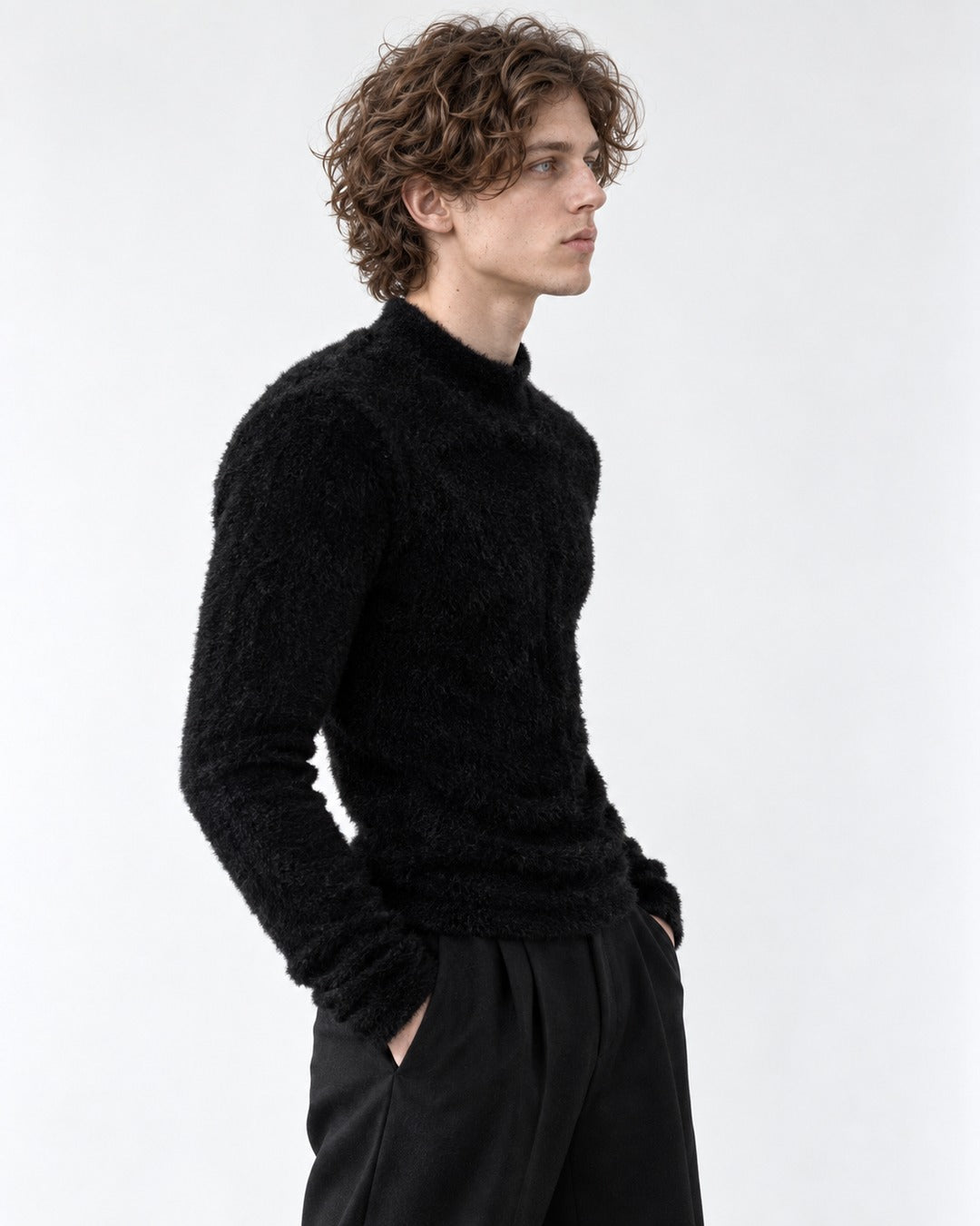 Padded Shoulder Fuzzy-Knit Sweater