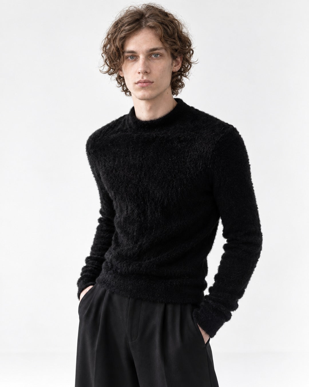 Padded Shoulder Fuzzy-Knit Sweater