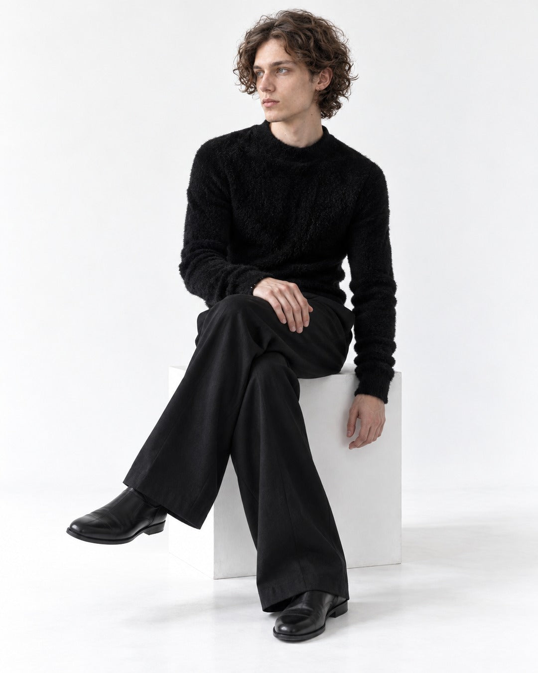 Padded Shoulder Fuzzy-Knit Sweater