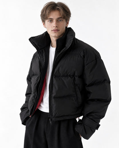 Stand-Collar Box-Quilted Puffer Jacket