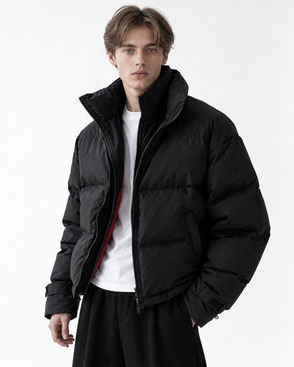 Stand-Collar Box-Quilted Puffer Jacket