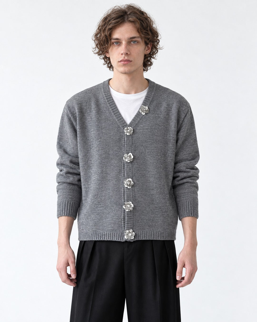 Jeweled-Button V-Neck Cardigan