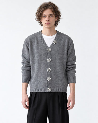 Jeweled-Button V-Neck Cardigan