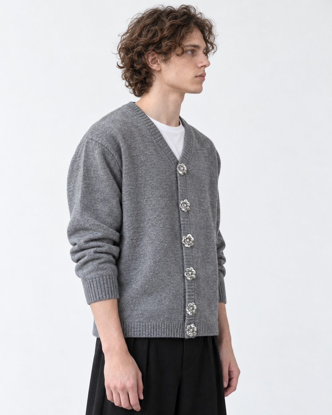 Jeweled-Button V-Neck Cardigan