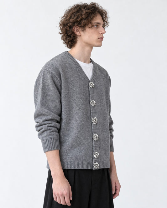 Jeweled-Button V-Neck Cardigan