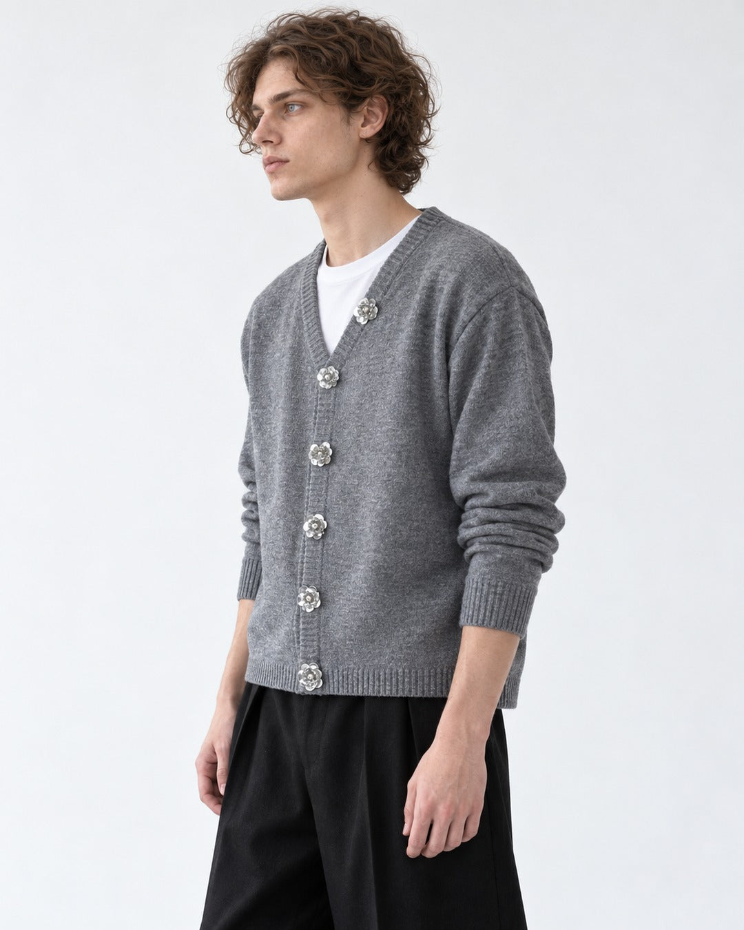 Jeweled-Button V-Neck Cardigan