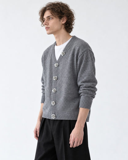 Jeweled-Button V-Neck Cardigan