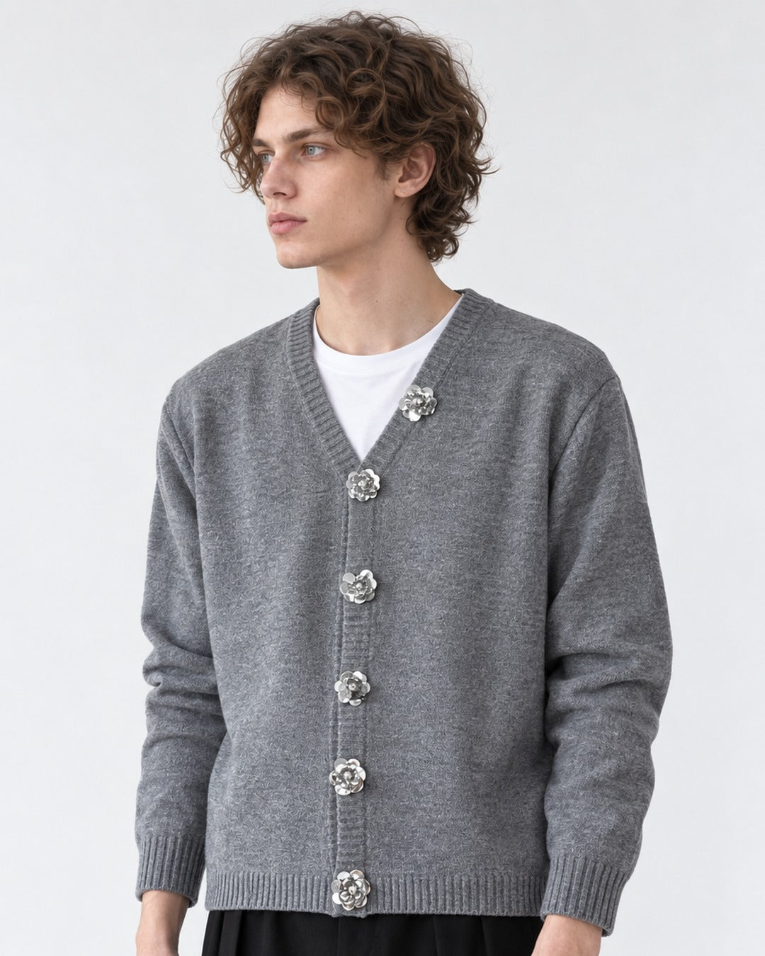 Jeweled-Button V-Neck Cardigan