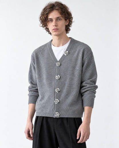 Jeweled-Button V-Neck Cardigan