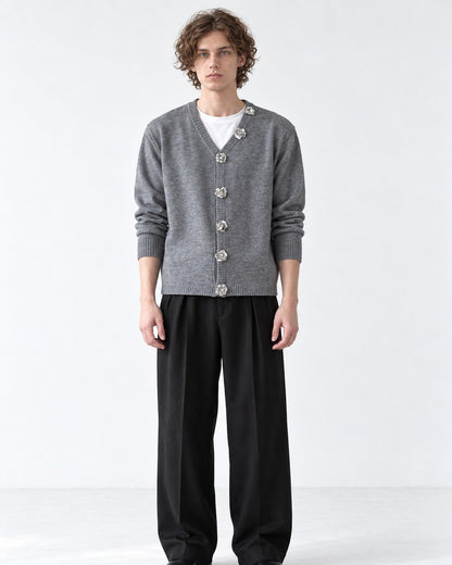 Jeweled-Button V-Neck Cardigan