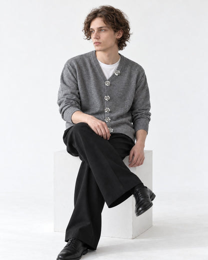 Jeweled-Button V-Neck Cardigan