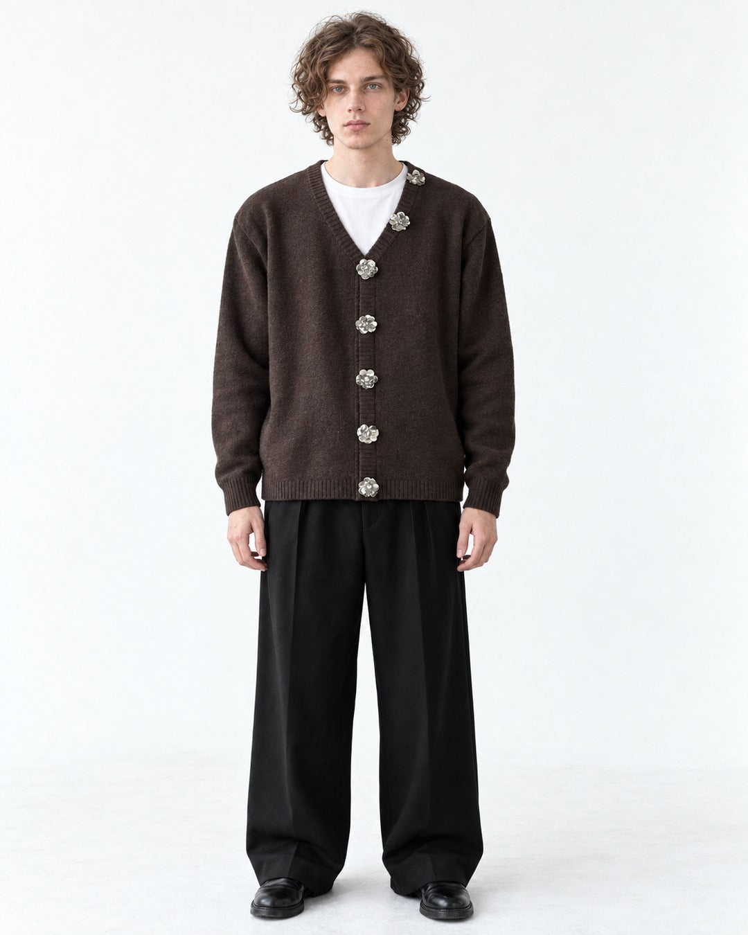 Jeweled-Button V-Neck Cardigan