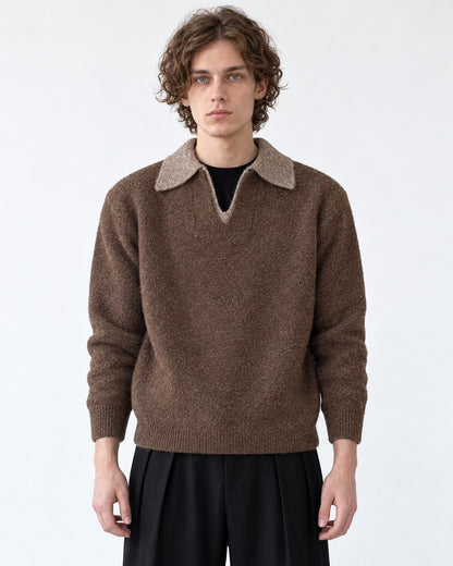 Contrast-Collar Open-Placket Polo Sweater