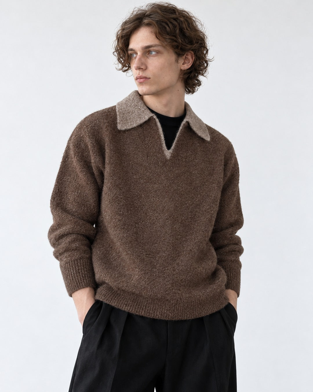 Contrast-Collar Open-Placket Polo Sweater