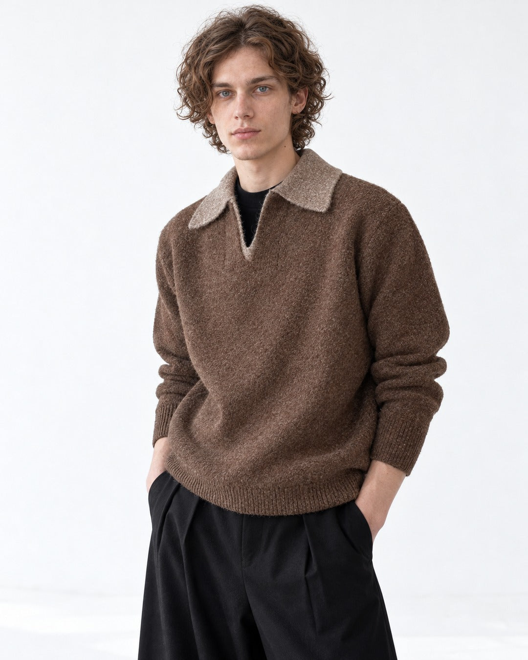 Contrast-Collar Open-Placket Polo Sweater