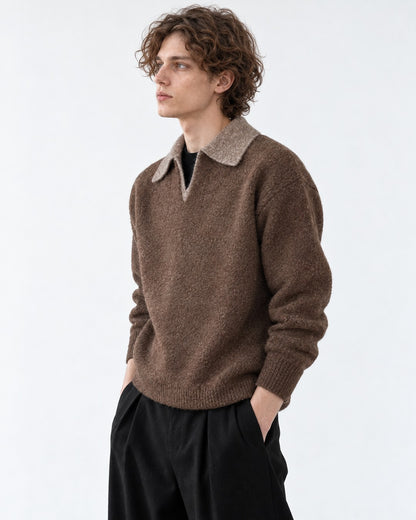 Contrast-Collar Open-Placket Polo Sweater