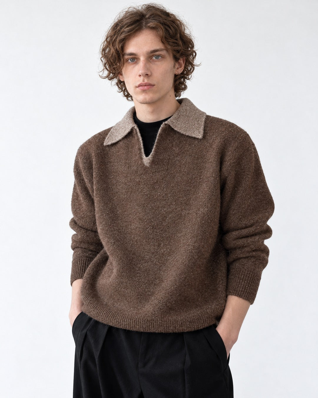 Contrast-Collar Open-Placket Polo Sweater