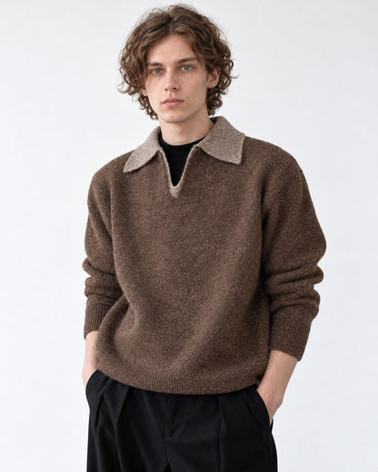 Contrast-Collar Open-Placket Polo Sweater