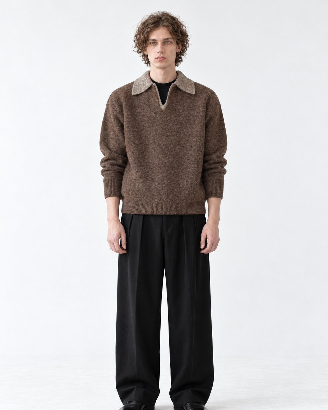 Contrast-Collar Open-Placket Polo Sweater