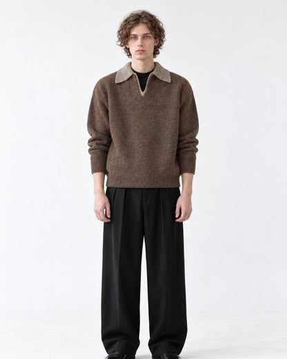 Contrast-Collar Open-Placket Polo Sweater