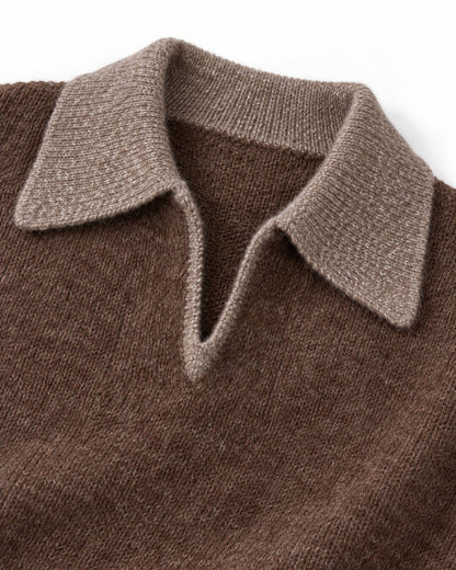 Contrast-Collar Open-Placket Polo Sweater