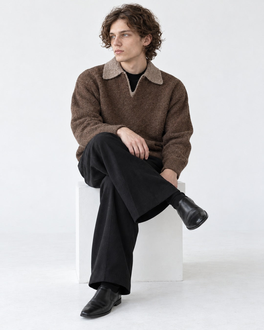 Contrast-Collar Open-Placket Polo Sweater
