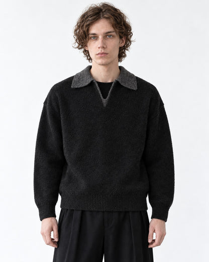 Contrast-Collar Open-Placket Polo Sweater