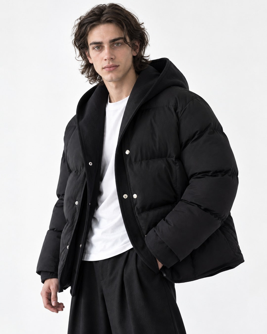 Belted Snap-Front Puffer Jacket