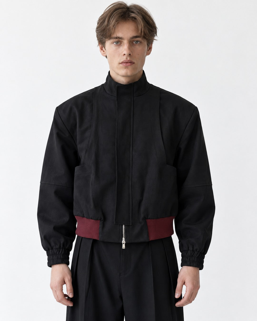 Asymmetric Zip Stand-Collar Cropped Bomber Jacket