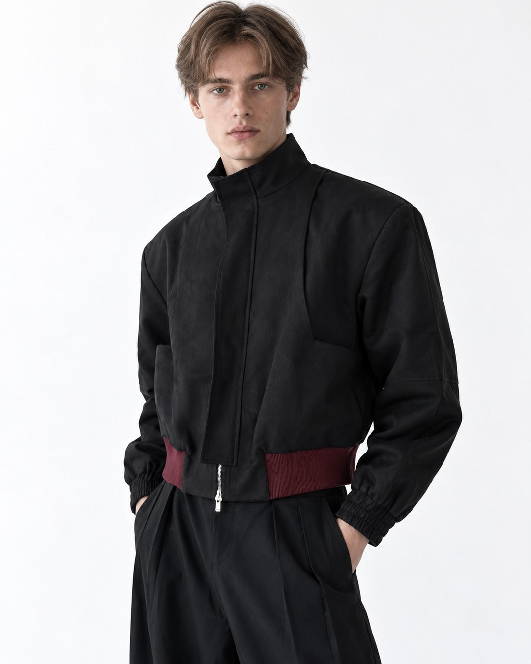 Asymmetric Zip Stand-Collar Cropped Bomber Jacket