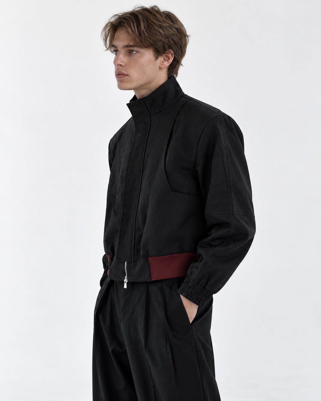Asymmetric Zip Stand-Collar Cropped Bomber Jacket